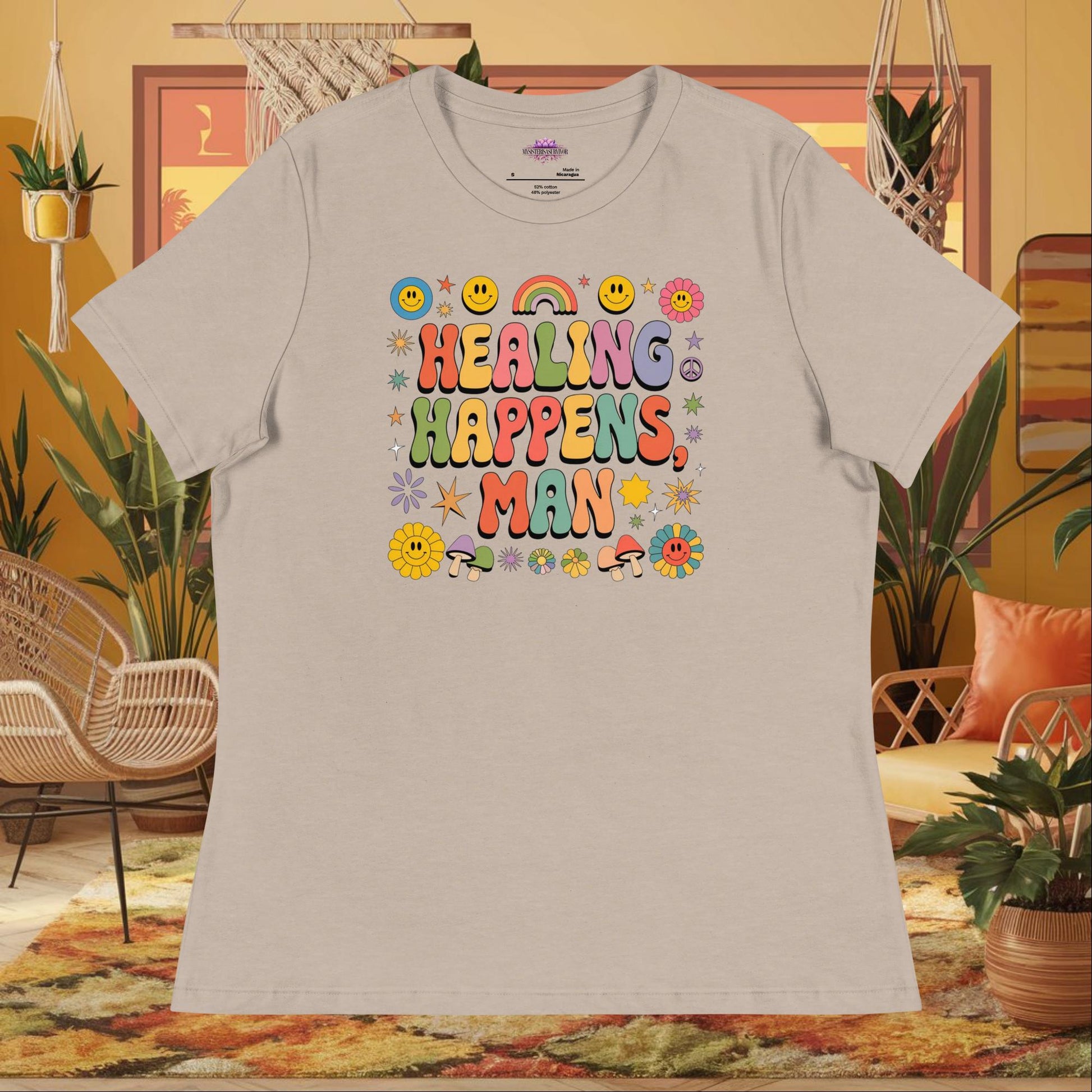 “Healing Happens, Man” women’s relaxed fit t-shirt displaying a retro mental health support design