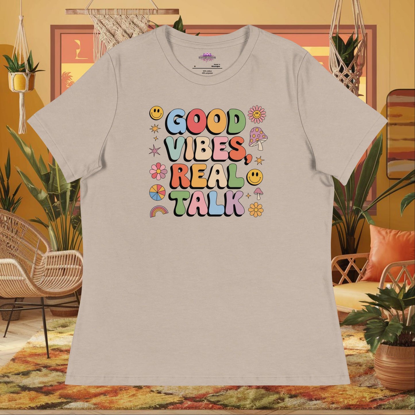 “Good Vibes, Real Talk” women’s relaxed t-shirt featuring a mental health healing affirmation design