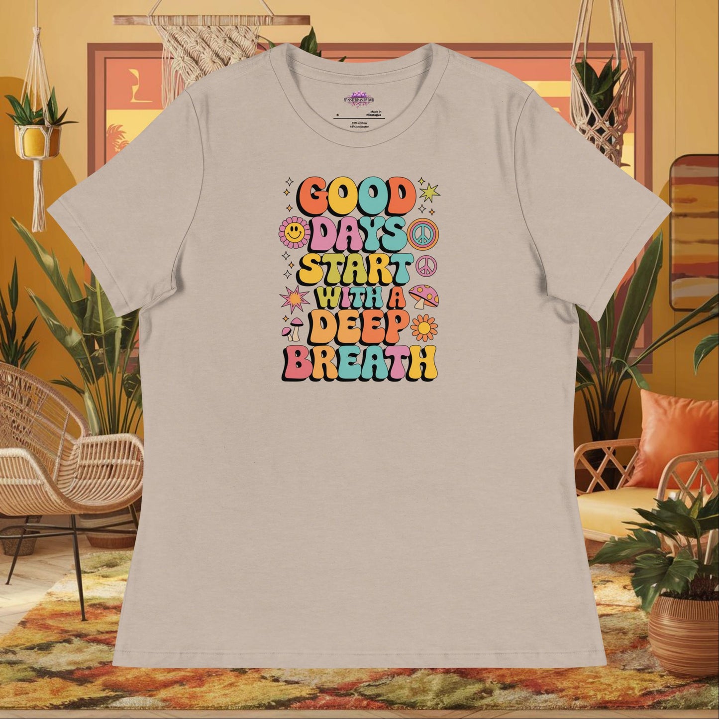 “Good Days Start with a Deep Breath” women’s relaxed fit tee with anxiety relief wellness quote