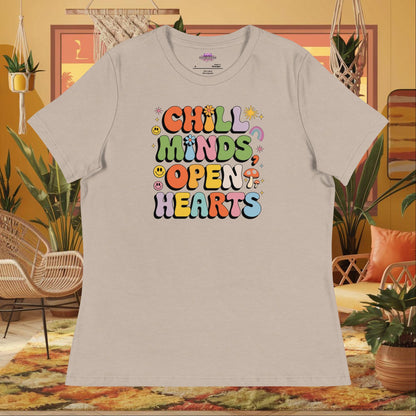 “Chill Minds Open Hearts” women’s relaxed t-shirt with positive mental health and wellness message