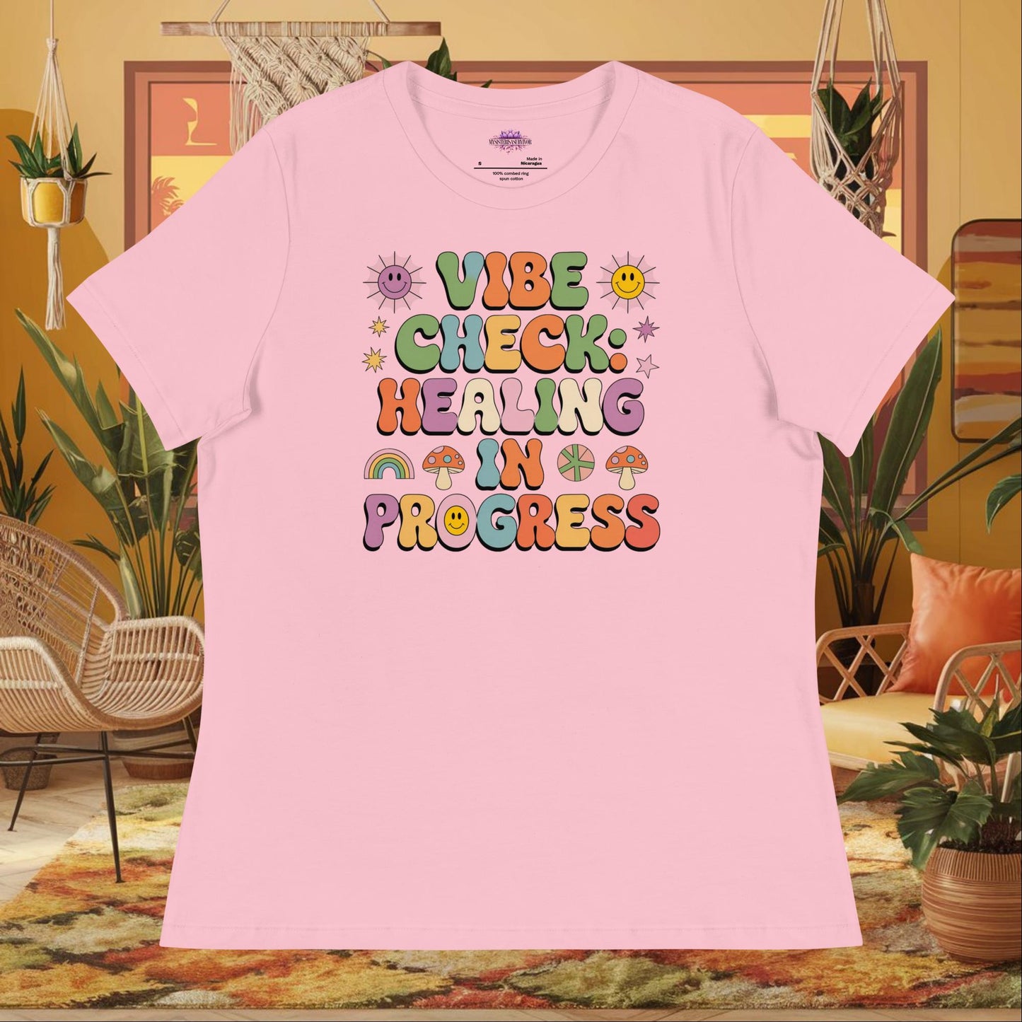“Vibe Check Healing in Progress” women’s relaxed t-shirt featuring positive mental health design