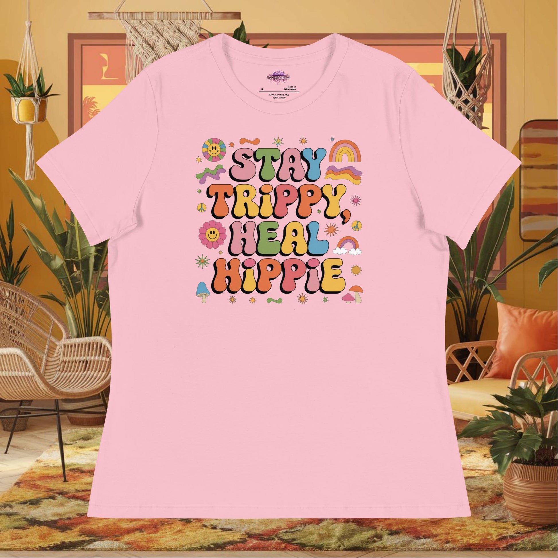 “Stay Trippy, Heal Hippie” women’s relaxed fit tee featuring positive healing mental health design