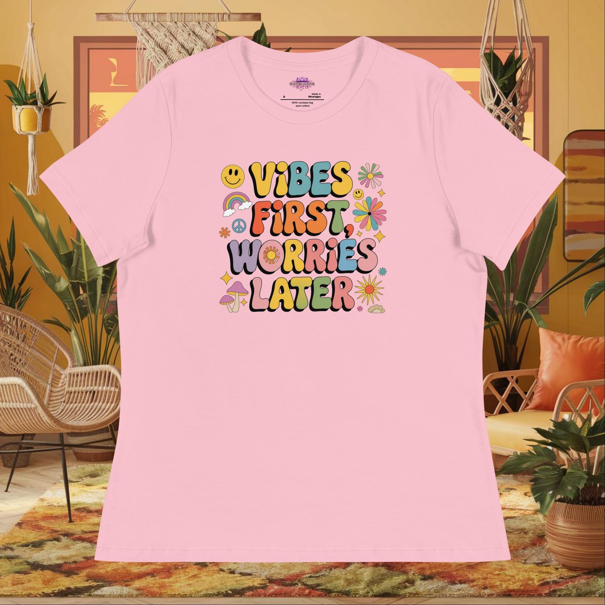 “Vibes First Worries Later” women’s relaxed fit tee with self-care mental health message
