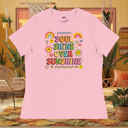 “Soul Shine Over Sunshine” women’s relaxed t-shirt with spiritual wellness mental health quote