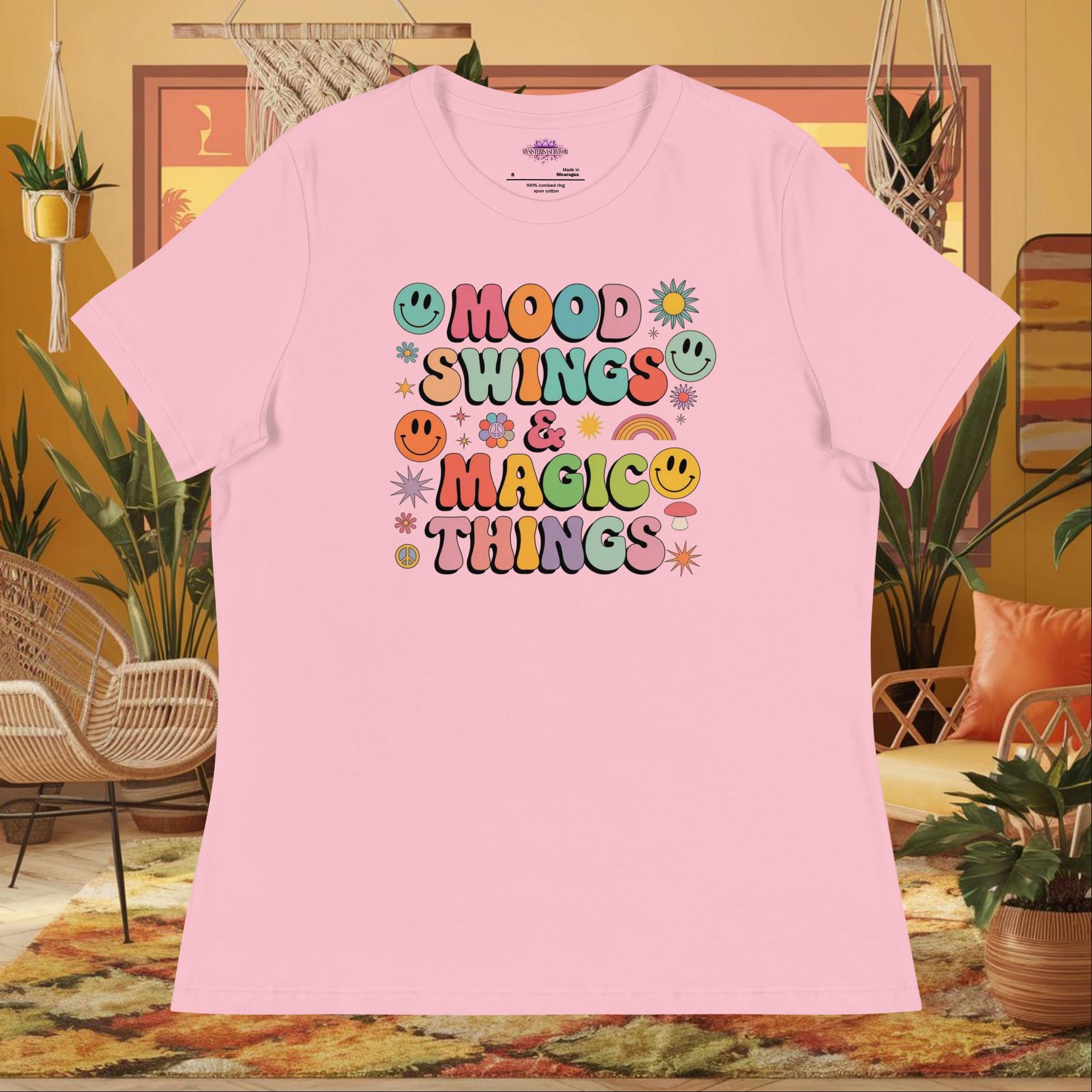 “Mood Swings & Magic Things” women’s relaxed fit tee with whimsical self-care design