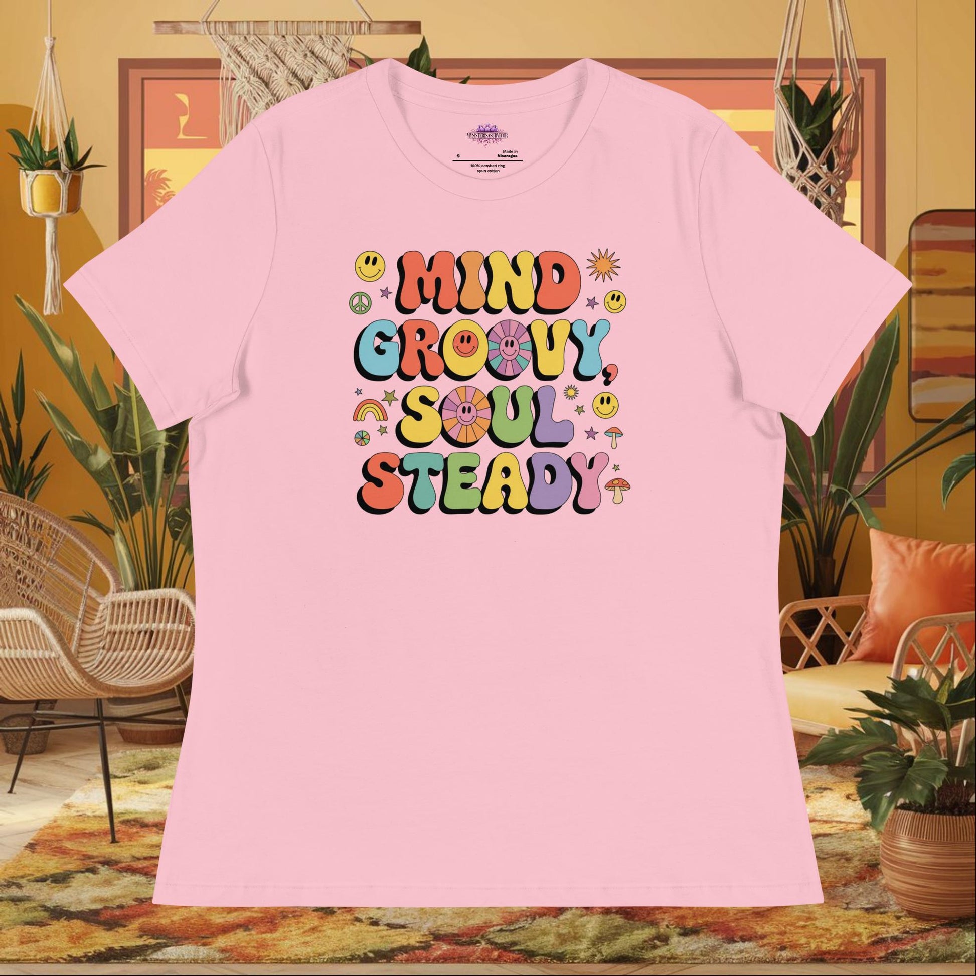 “Mind Groovy, Soul Steady” women’s relaxed t-shirt displaying positive energy wellness quote