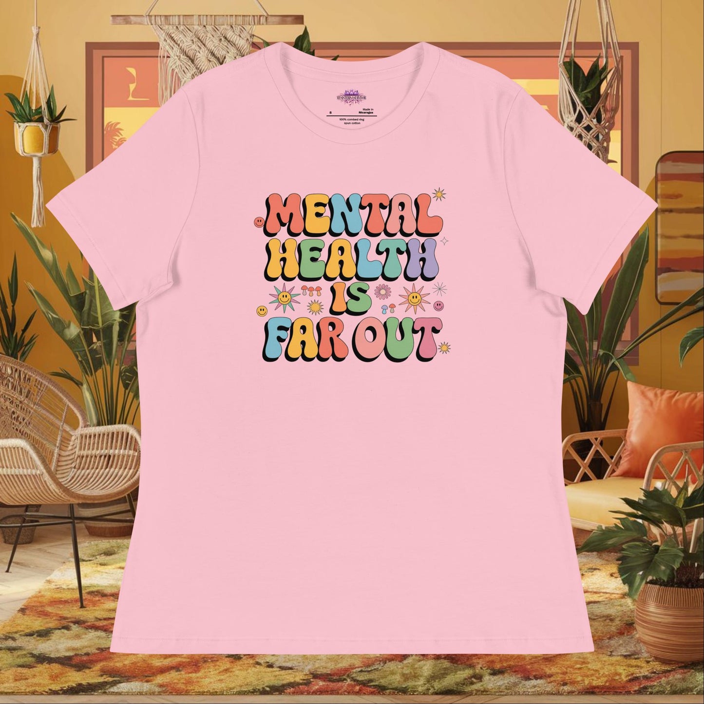 “Mental Health Is Far Out” women’s relaxed t-shirt featuring a retro 70s therapy-inspired design