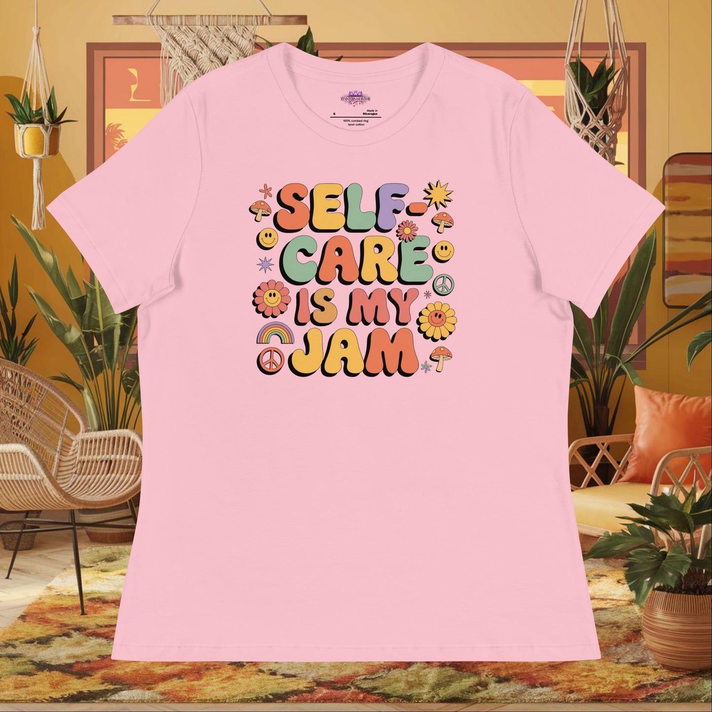“Self-Care Is My Jam” women’s relaxed fit tee displaying self-love mental health design