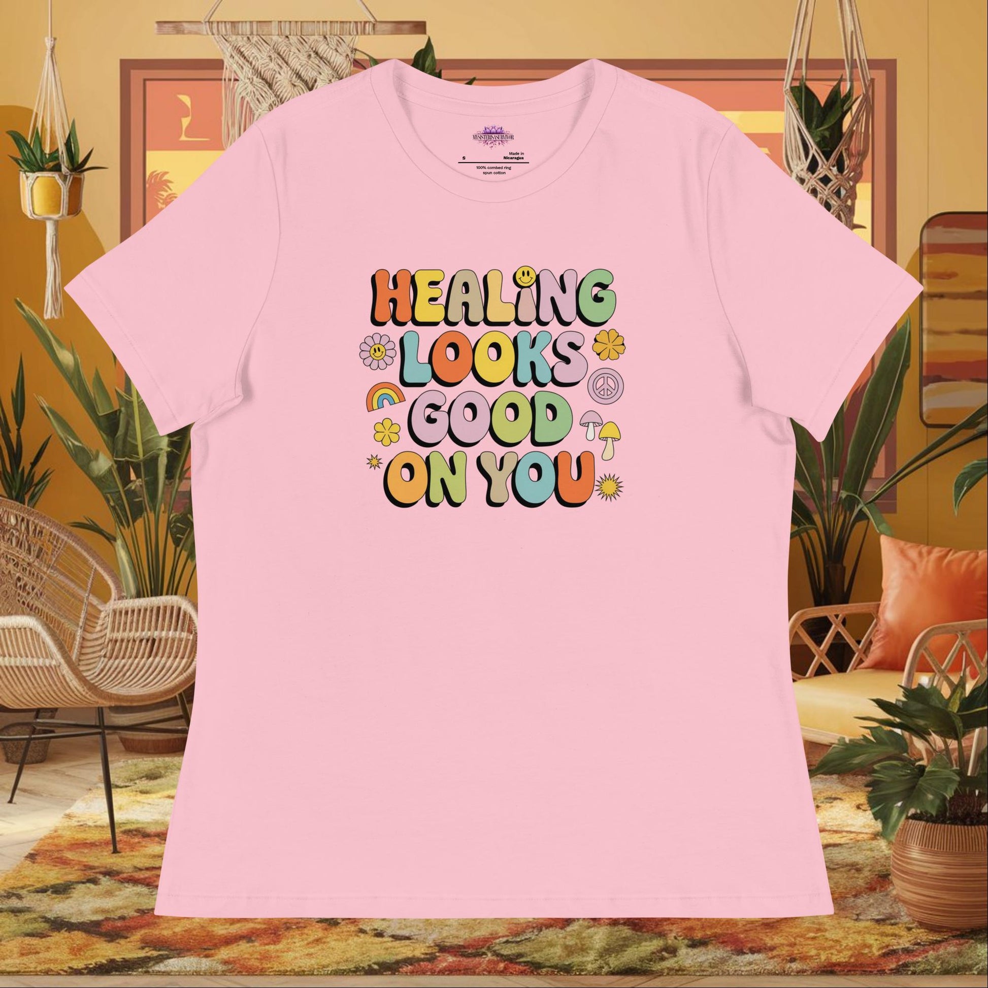 “Healing Looks Good on You” women’s relaxed t-shirt with self-care affirmation mental health message