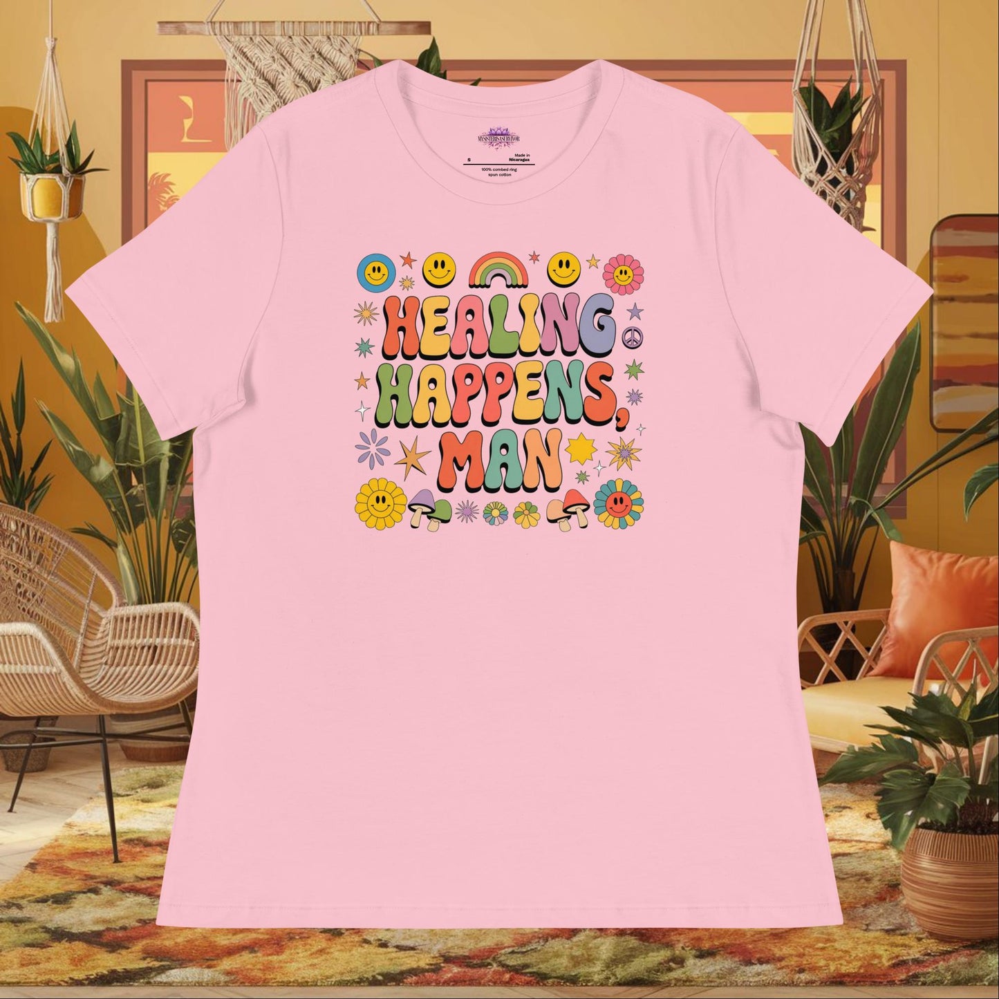 “Healing Happens, Man” women’s relaxed fit t-shirt displaying a retro mental health support design
