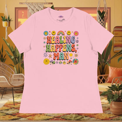 “Healing Happens, Man” women’s relaxed fit t-shirt displaying a retro mental health support design