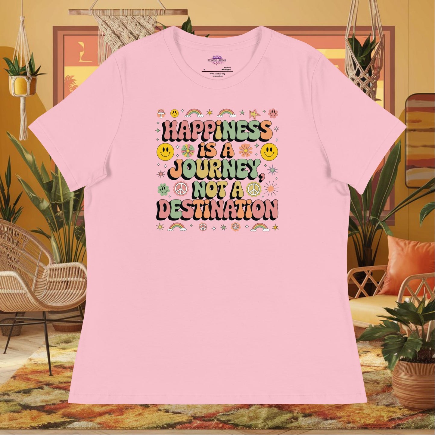 “Happiness Is a Journey Not a Destination” women’s relaxed tee featuring mindfulness wellness quote