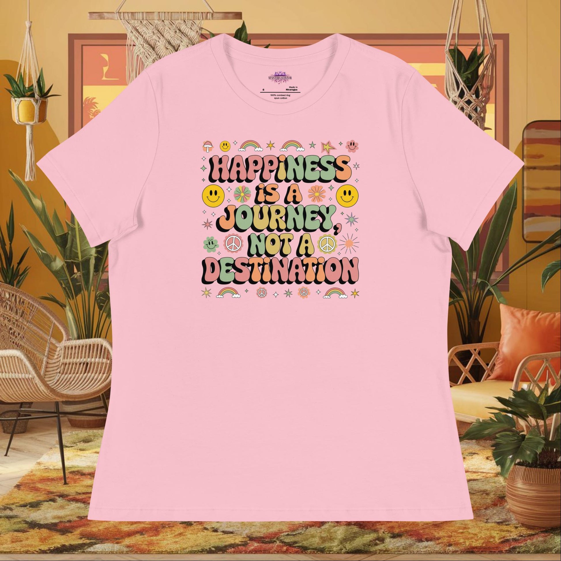 “Happiness Is a Journey Not a Destination” women’s relaxed tee featuring mindfulness wellness quote
