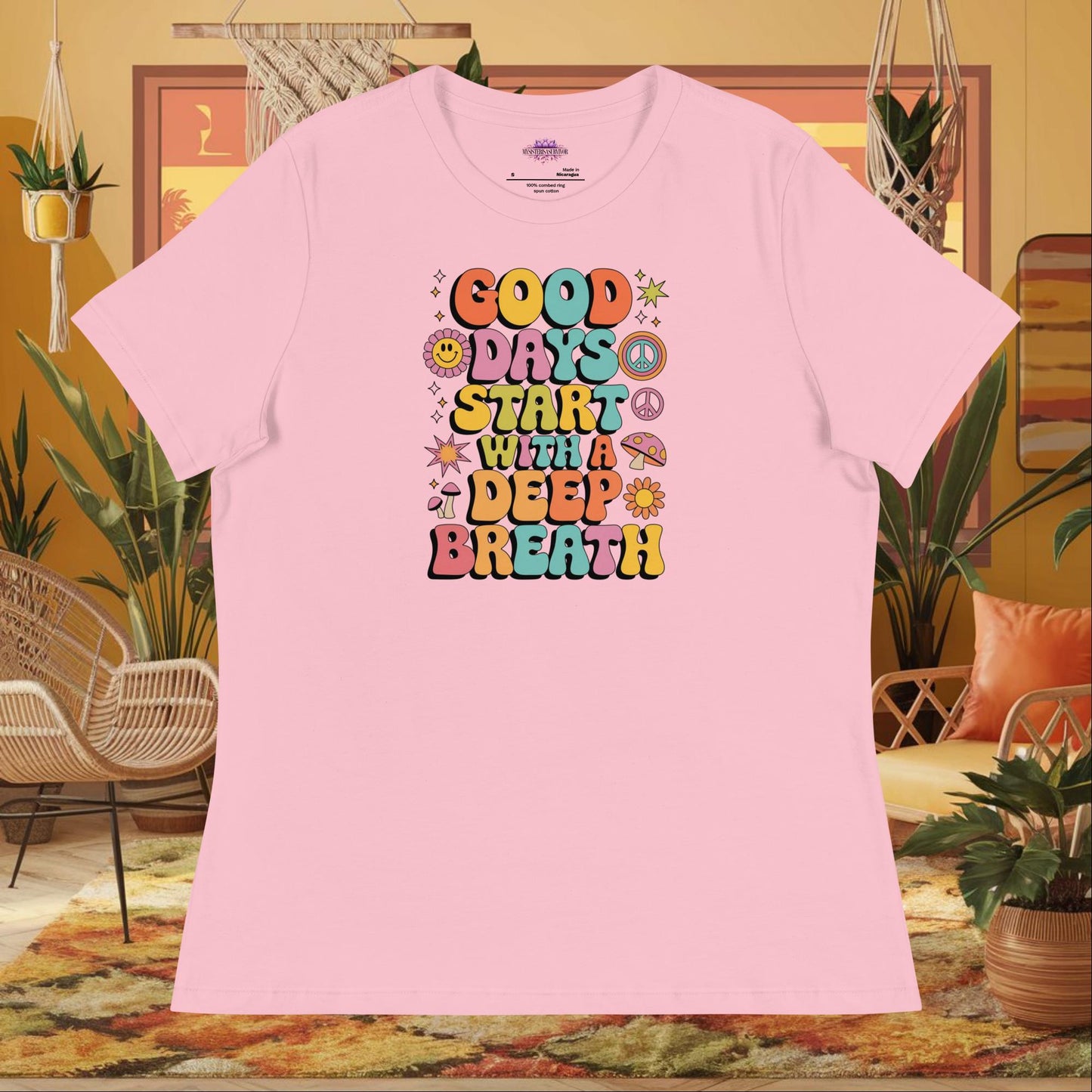 “Good Days Start with a Deep Breath” women’s relaxed fit tee with anxiety relief wellness quote