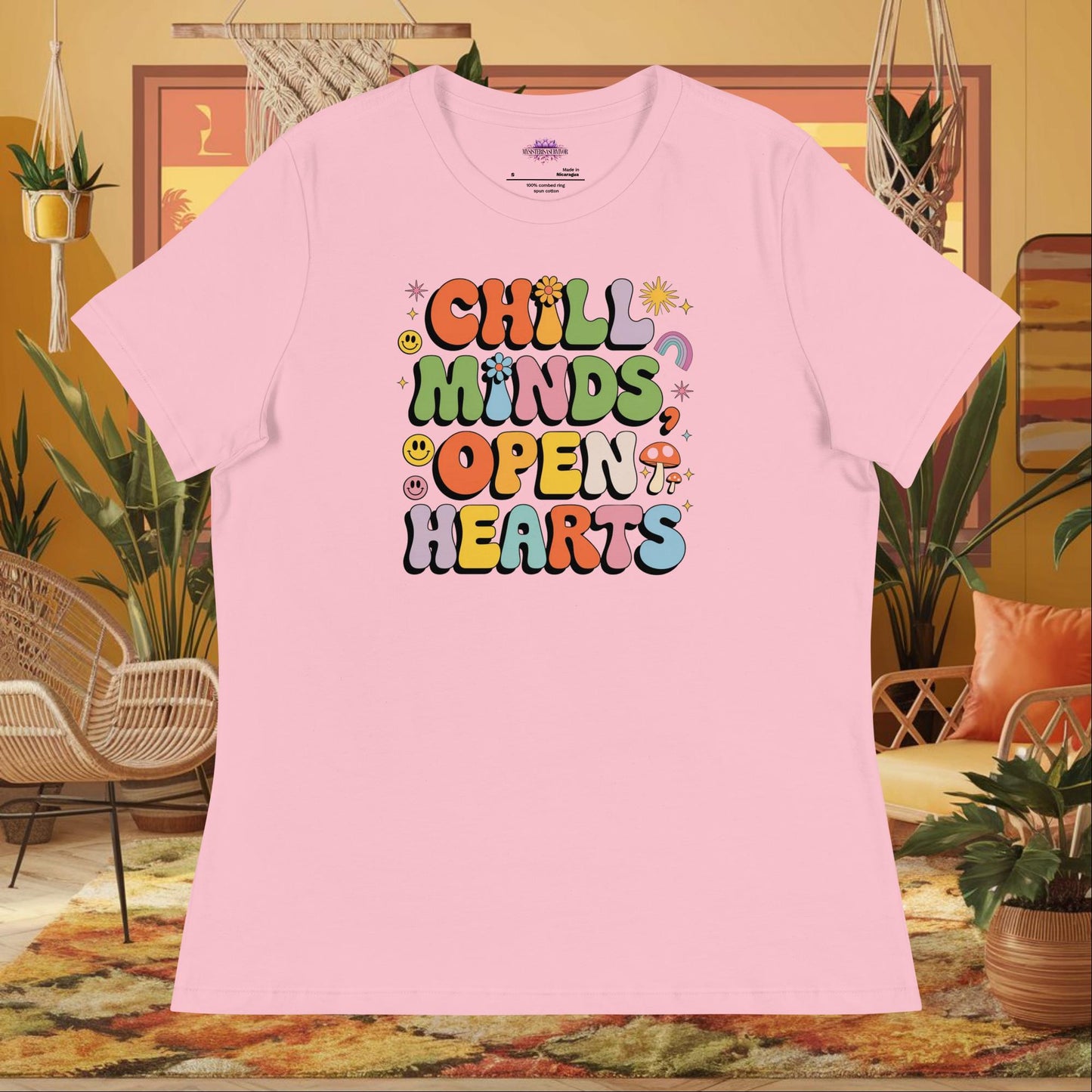 “Chill Minds Open Hearts” women’s relaxed t-shirt with positive mental health and wellness message
