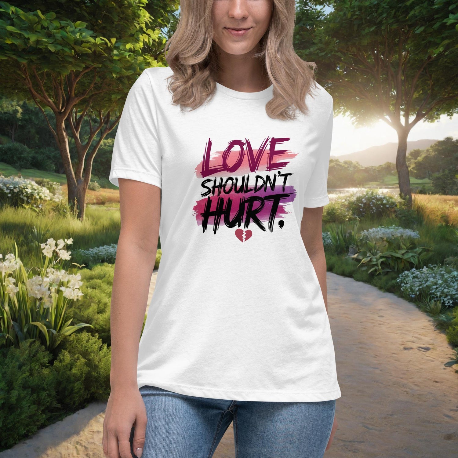 Love Shouldn't Hurt women's t-shirt, personalized domestic abuse awareness and survivor support shirt