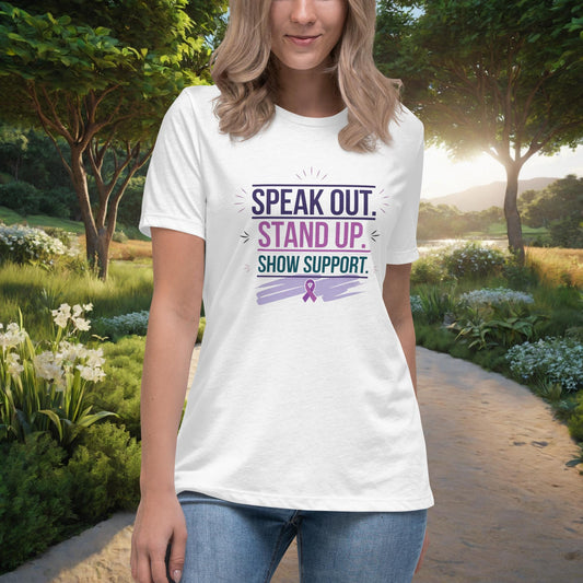 Speak Out. Stand Up. Show Support women's t-shirt, personalized advocacy and empowerment shirt for survivors
