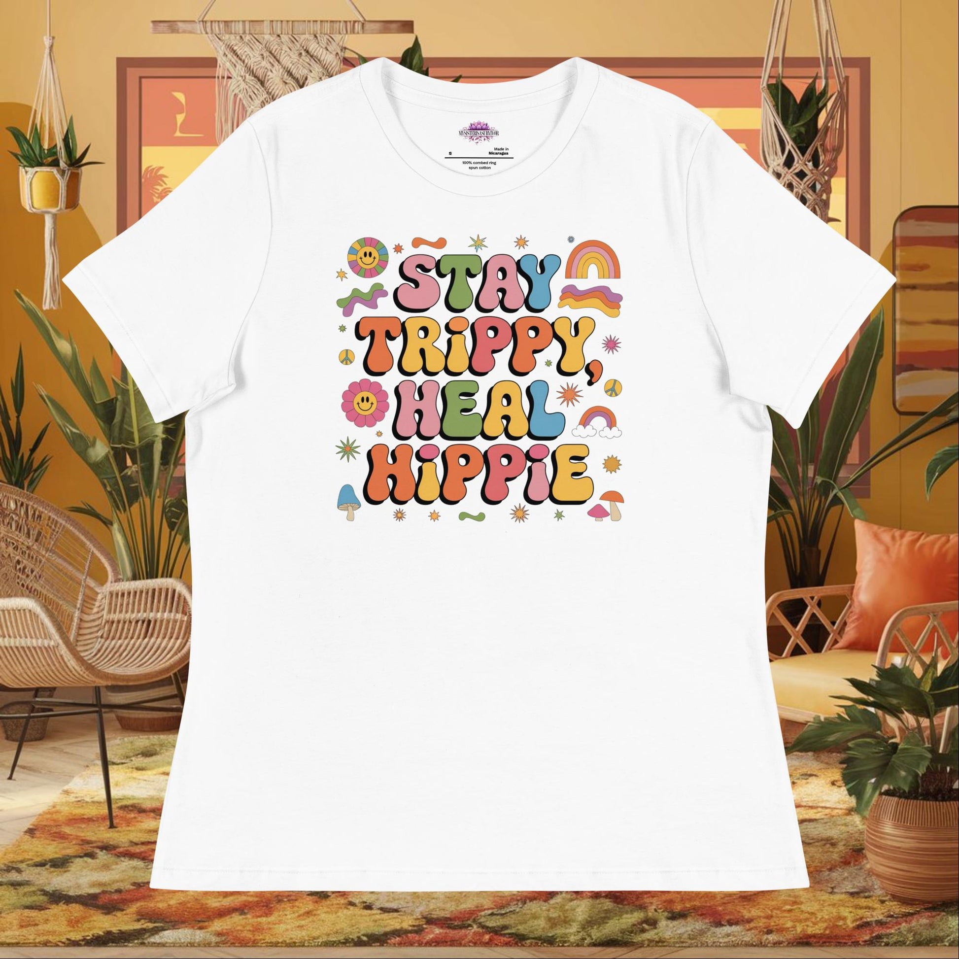 “Stay Trippy, Heal Hippie” women’s relaxed fit tee featuring positive healing mental health design