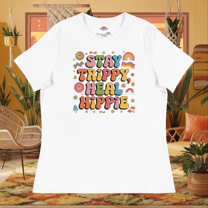 “Stay Trippy, Heal Hippie” women’s relaxed fit tee featuring positive healing mental health design