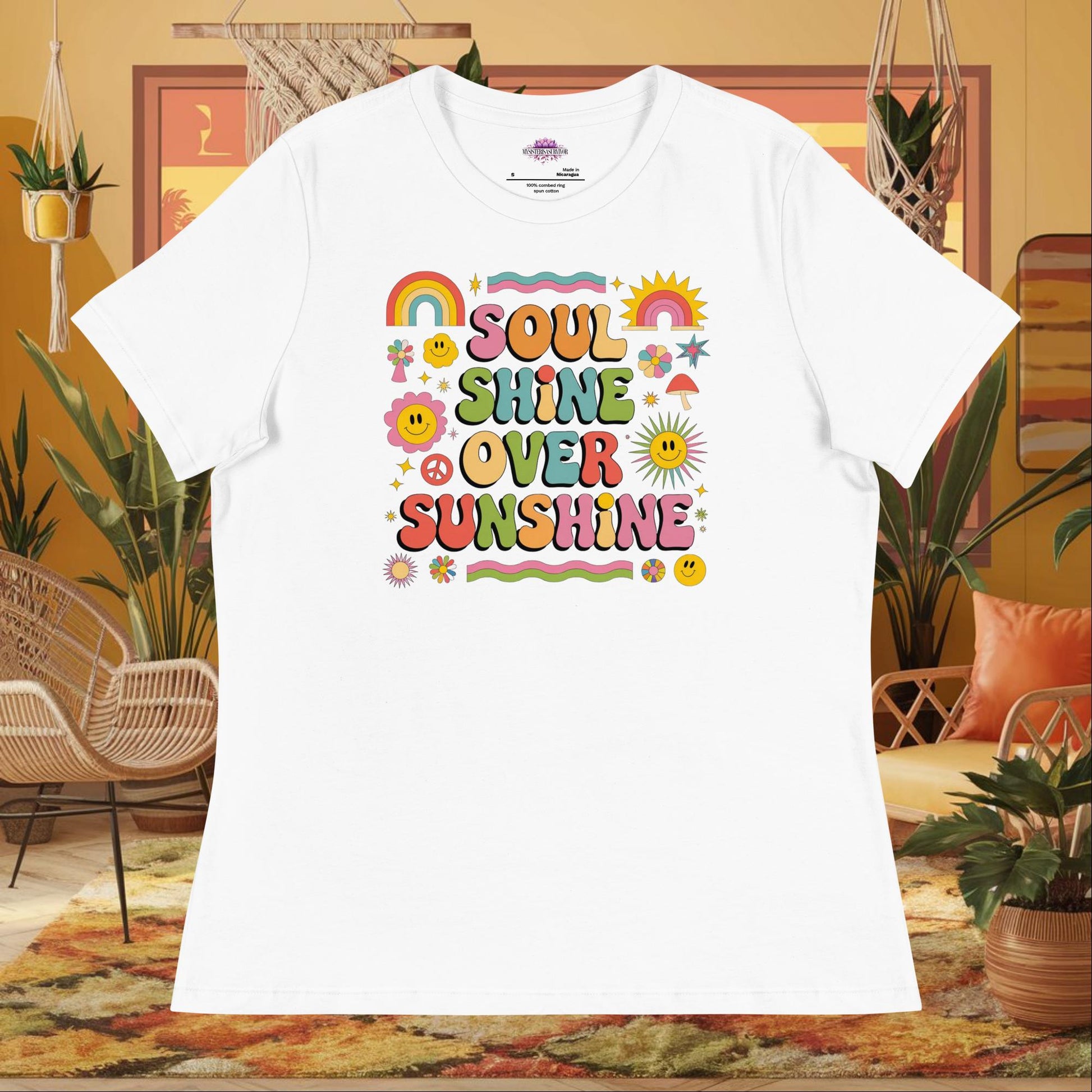 “Soul Shine Over Sunshine” women’s relaxed t-shirt with spiritual wellness mental health quote