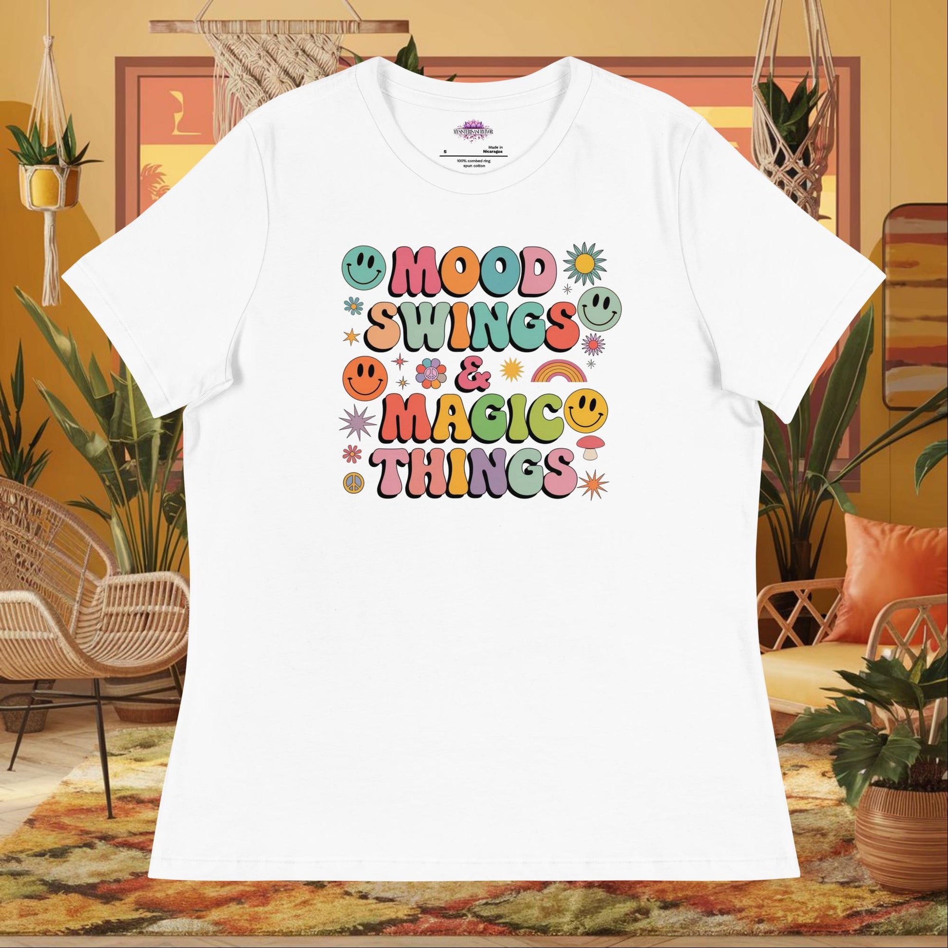 “Mood Swings & Magic Things” women’s relaxed fit tee with whimsical self-care design