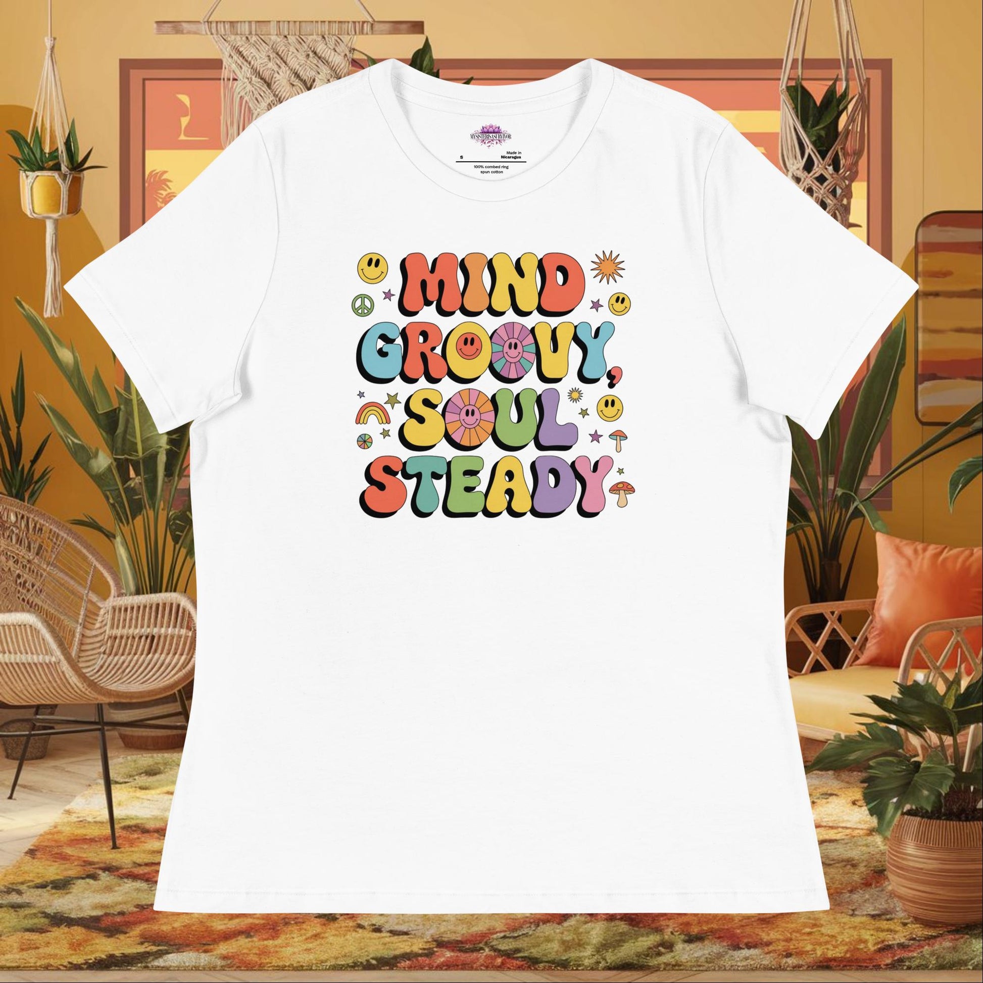 “Mind Groovy, Soul Steady” women’s relaxed t-shirt displaying positive energy wellness quote