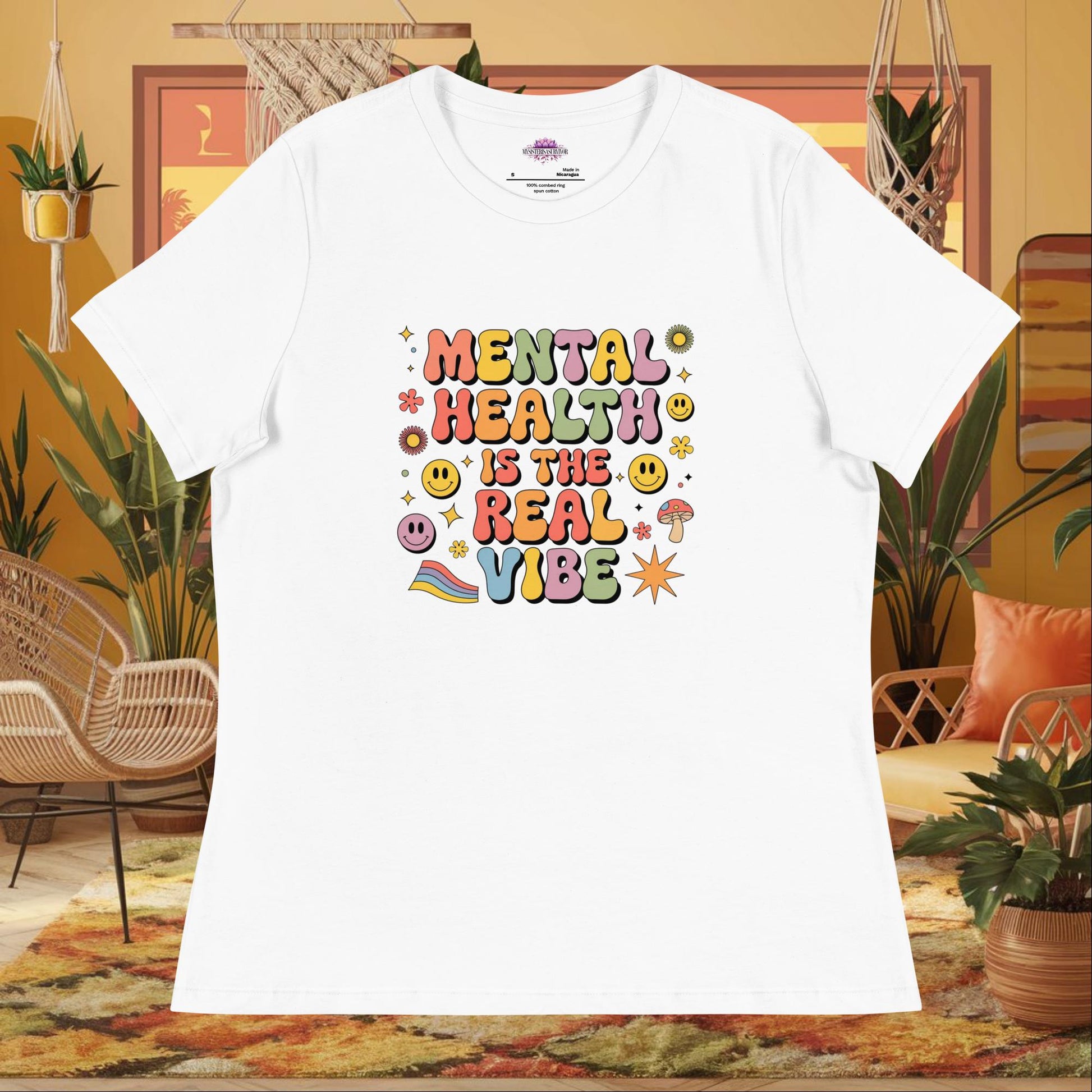 “Mental Health Is the Real Vibe” women’s relaxed fit tee with healing and therapy message