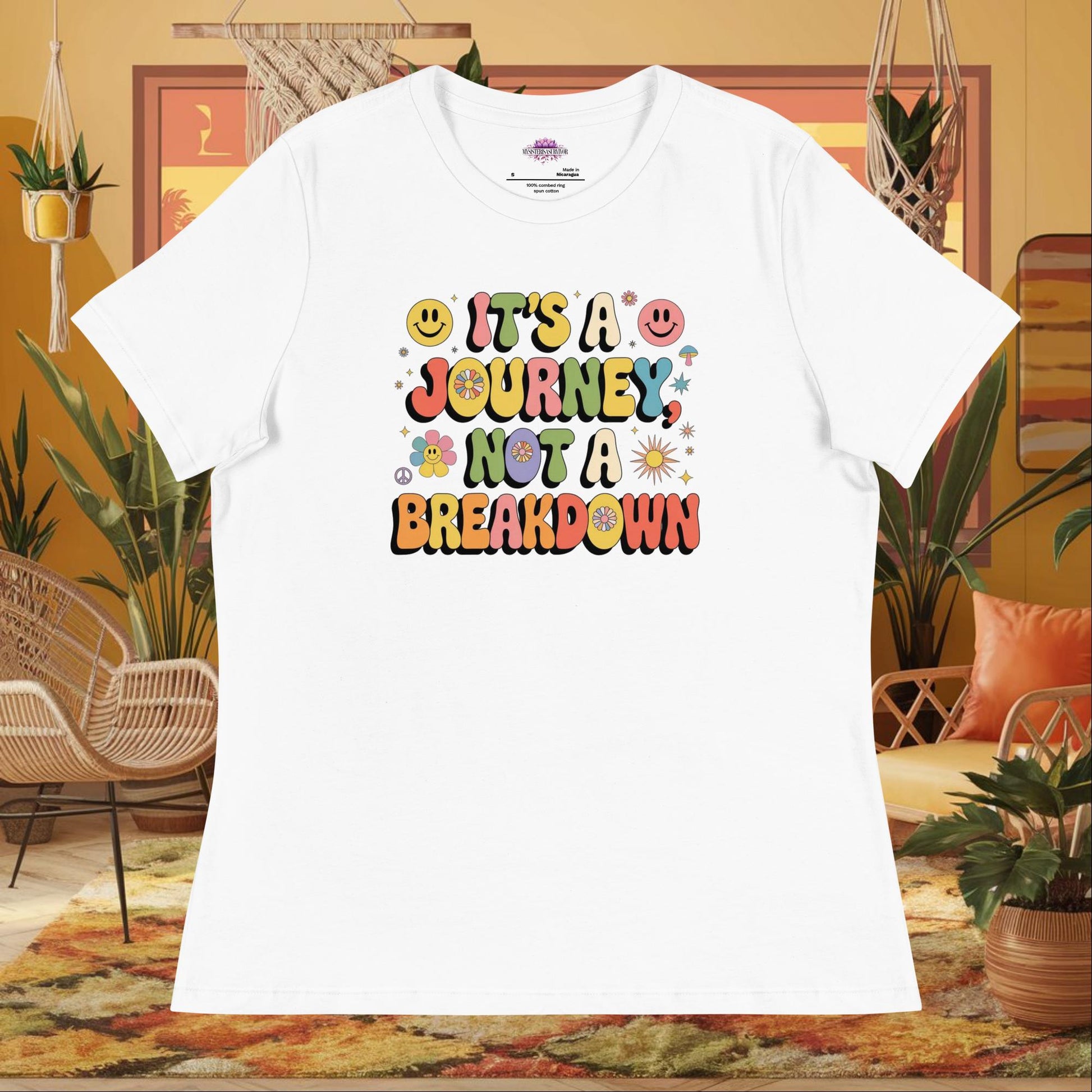 “It’s a Journey, Not a Breakdown” women’s relaxed fit tee showing a mental health healing quote