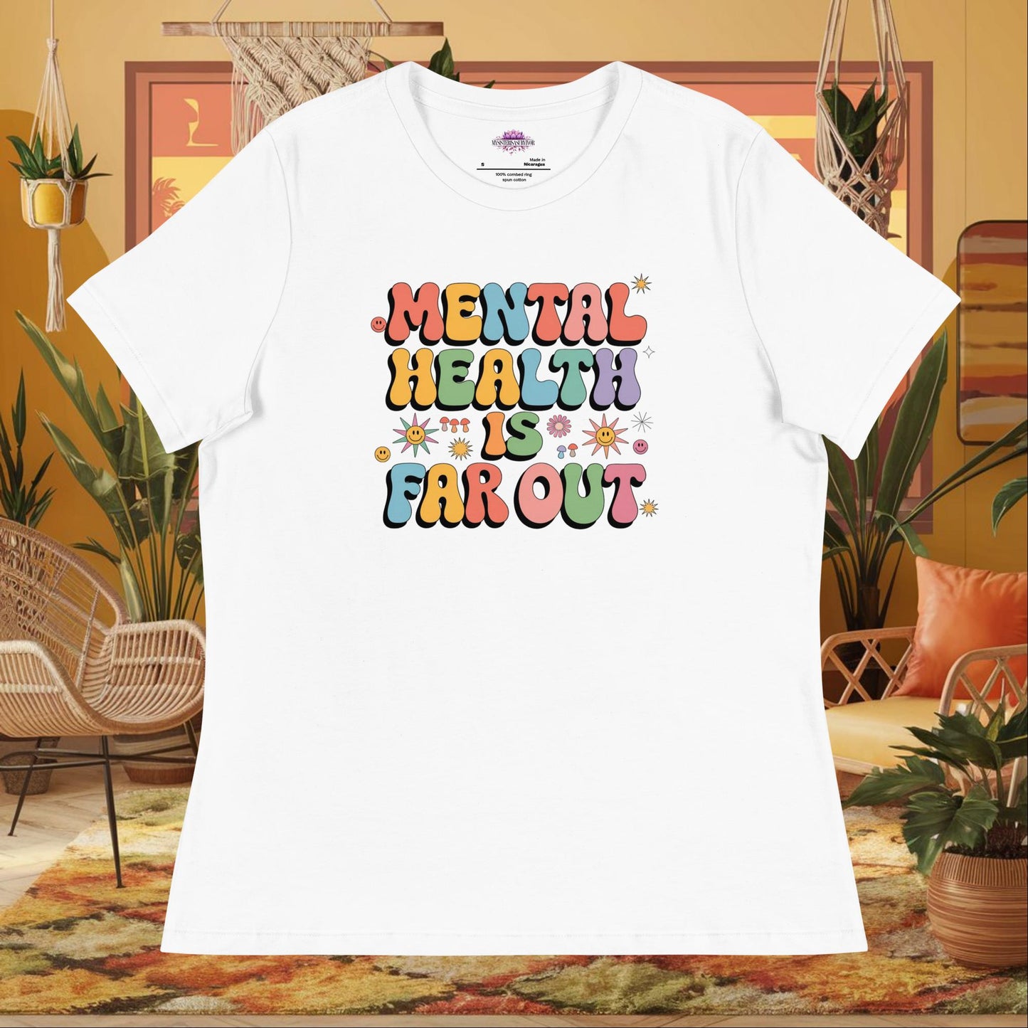 “Mental Health Is Far Out” women’s relaxed t-shirt featuring a retro 70s therapy-inspired design