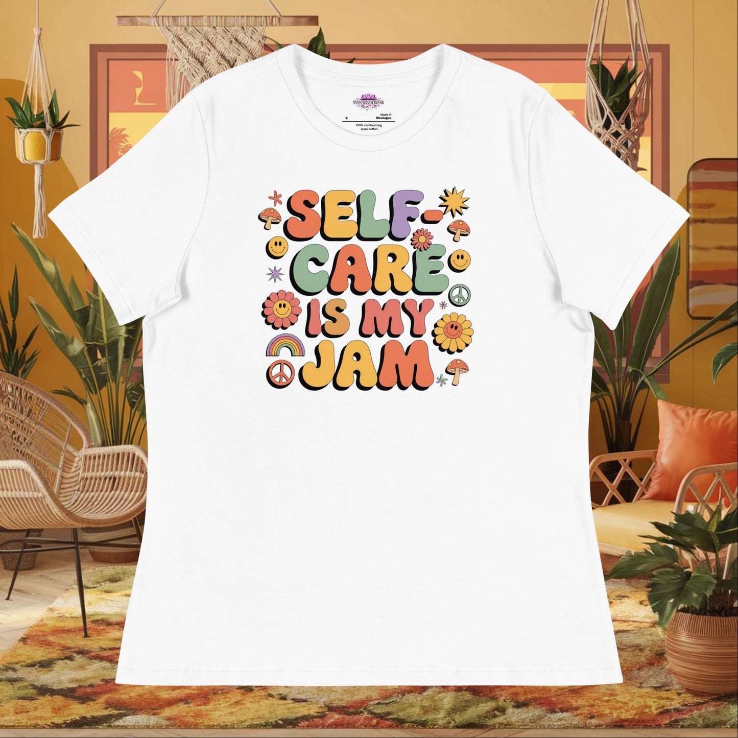 “Self-Care Is My Jam” women’s relaxed fit tee displaying self-love mental health design