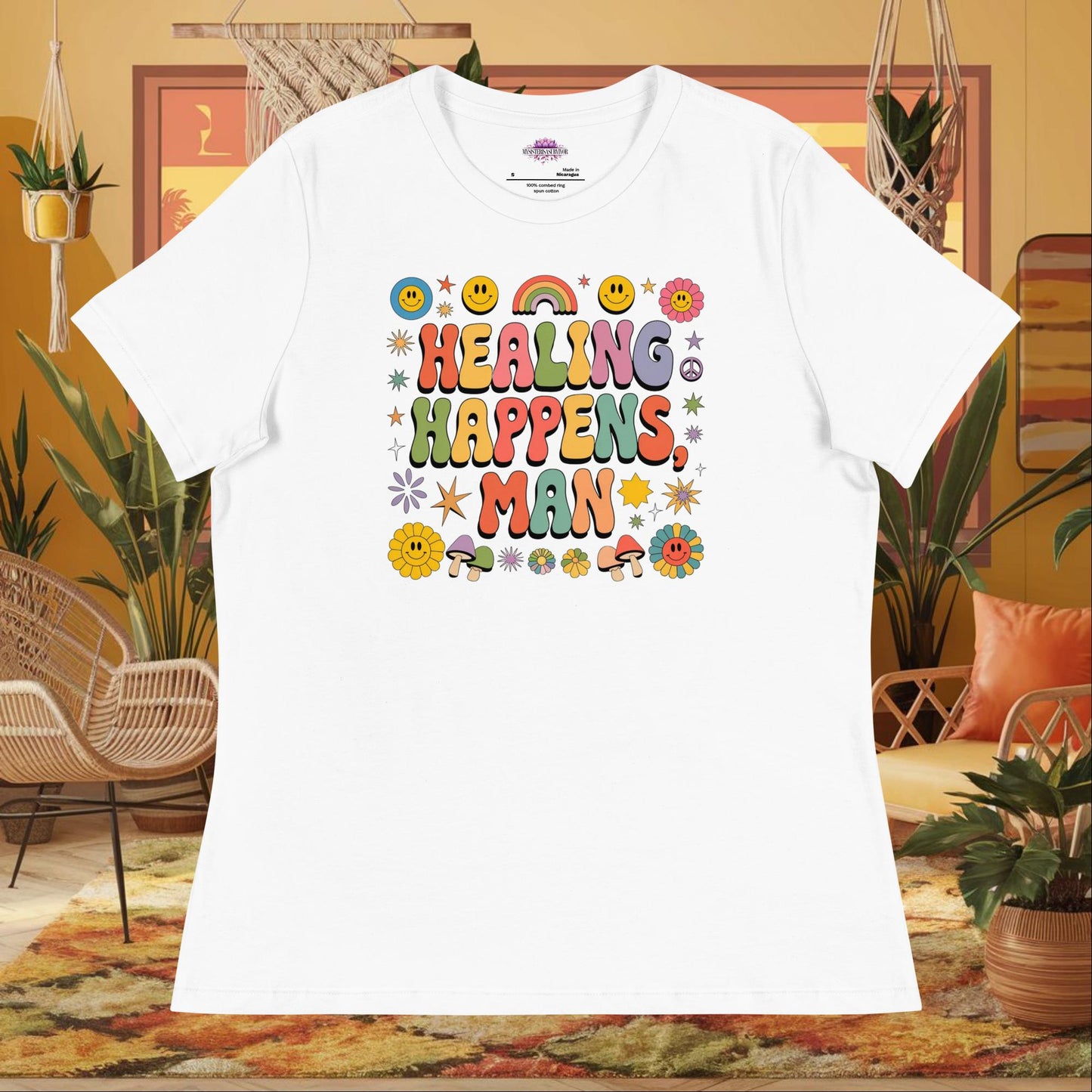 “Healing Happens, Man” women’s relaxed fit t-shirt displaying a retro mental health support design