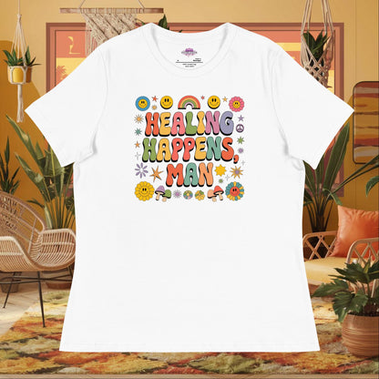 “Healing Happens, Man” women’s relaxed fit t-shirt displaying a retro mental health support design