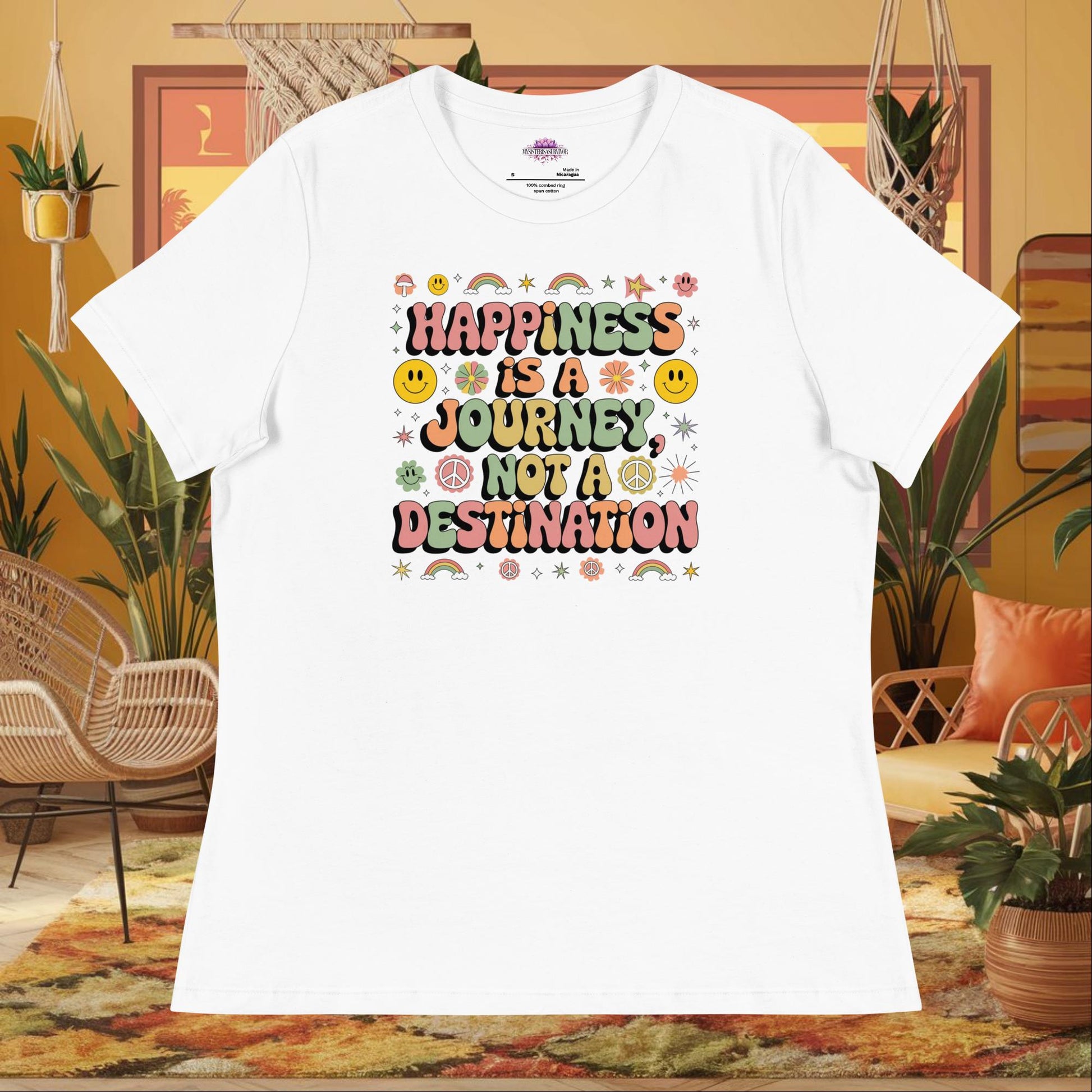 “Happiness Is a Journey Not a Destination” women’s relaxed tee featuring mindfulness wellness quote