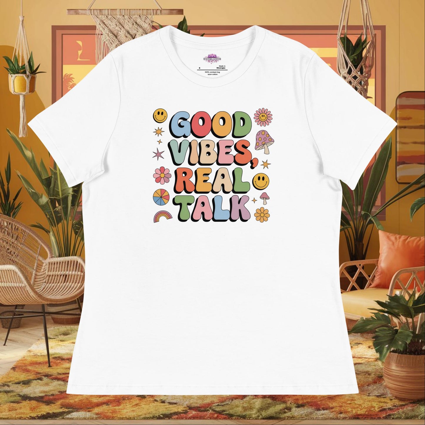 “Good Vibes, Real Talk” women’s relaxed t-shirt featuring a mental health healing affirmation design
