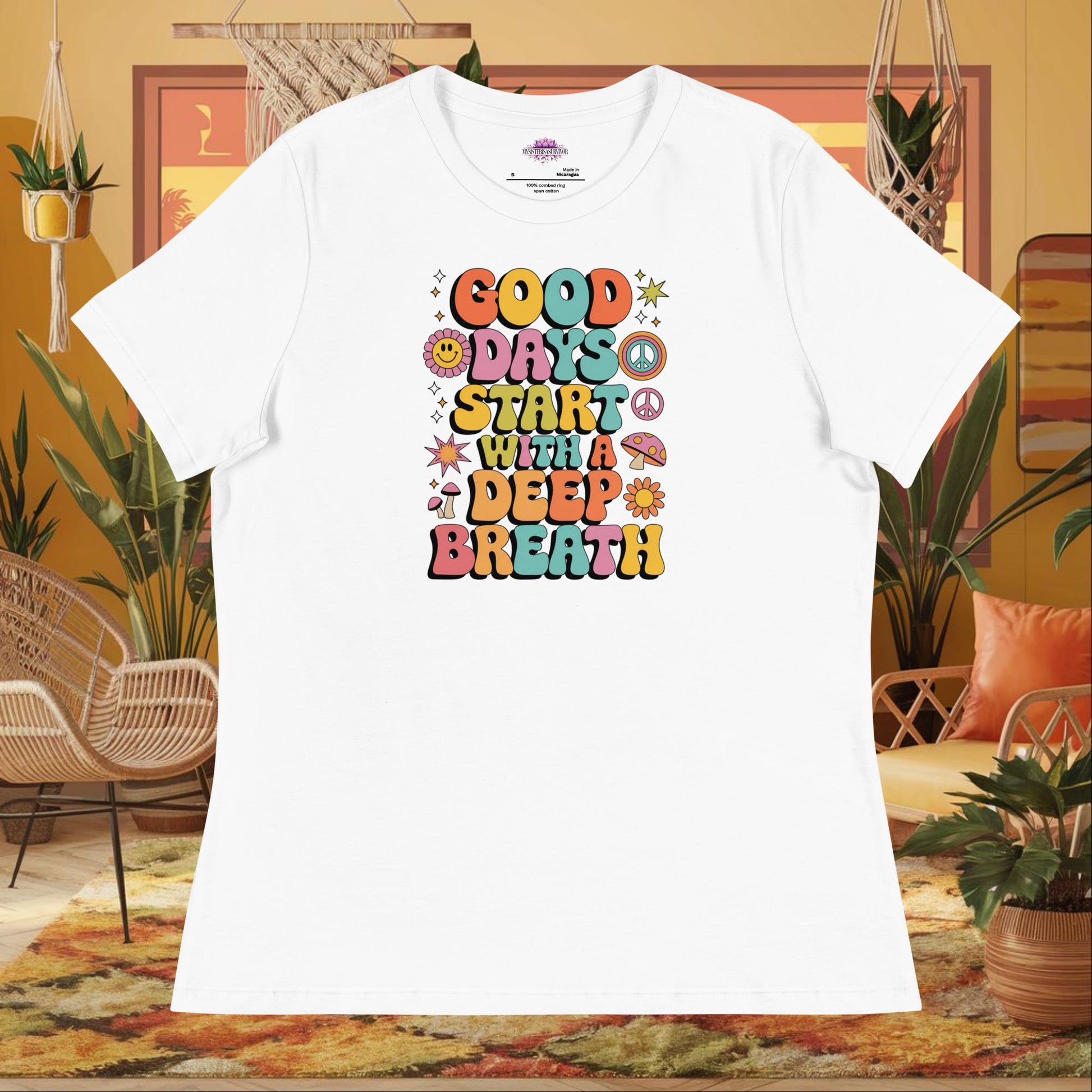 “Good Days Start with a Deep Breath” women’s relaxed fit tee with anxiety relief wellness quote