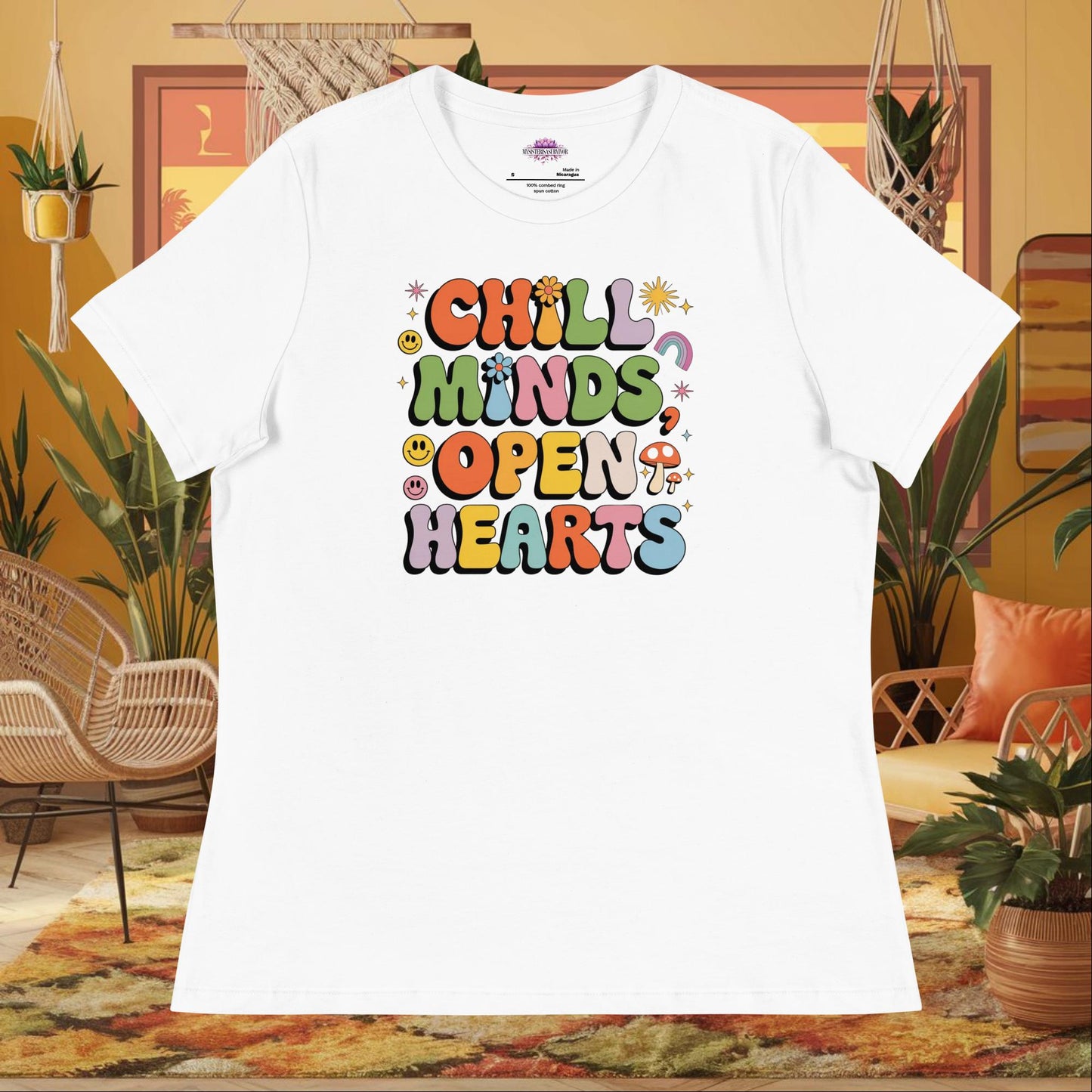 “Chill Minds Open Hearts” women’s relaxed t-shirt with positive mental health and wellness message
