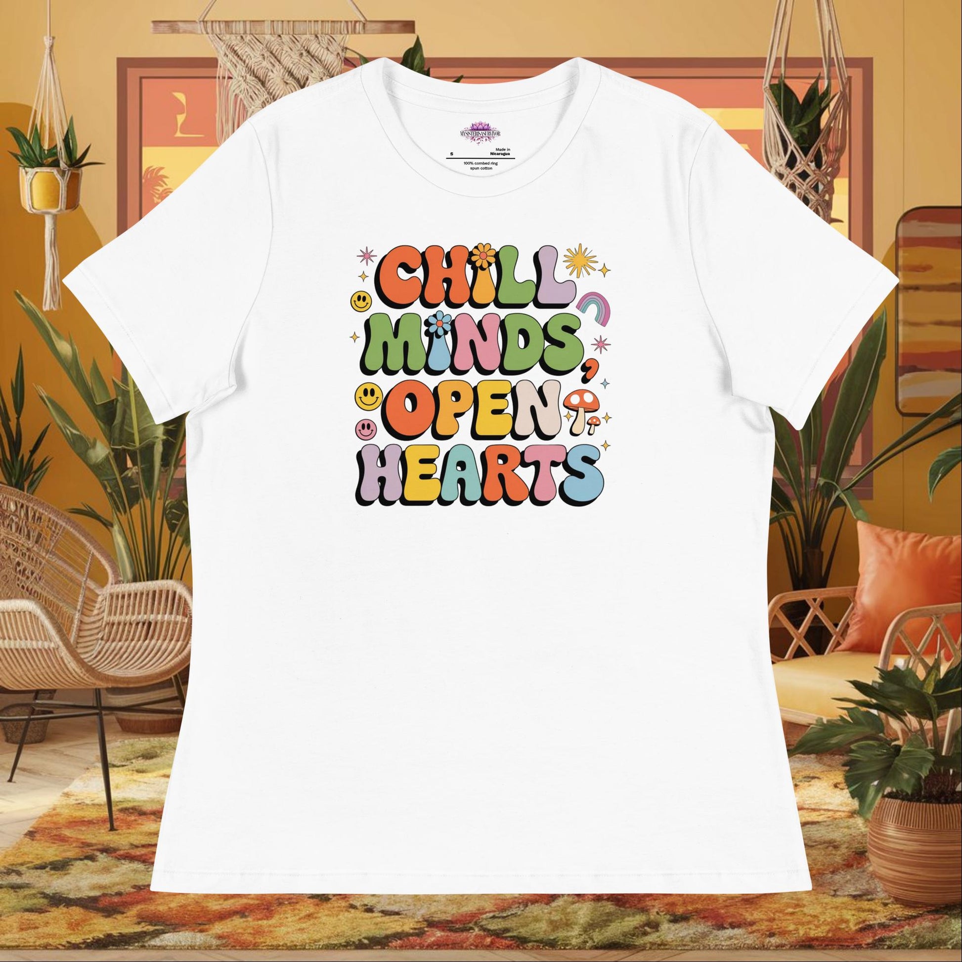 “Chill Minds Open Hearts” women’s relaxed t-shirt with positive mental health and wellness message